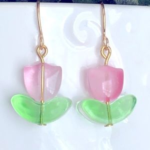 New Glass Tulip Flower Dangling Drop Hand Crafted Earrings Artisan Unique Gift